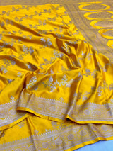 Bright Yellow Mashru Katan Silk Leheriya Weave Banarasi Saree