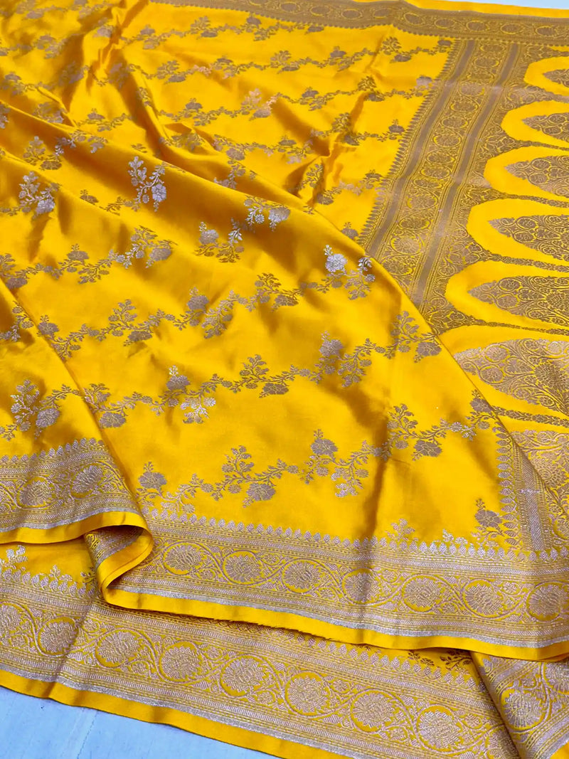 Bright Yellow Mashru Katan Silk Leheriya Weave Banarasi Saree