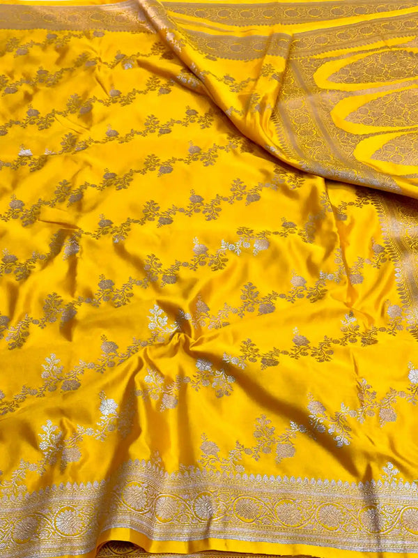 Bright Yellow Mashru Katan Silk Leheriya Weave Banarasi Saree