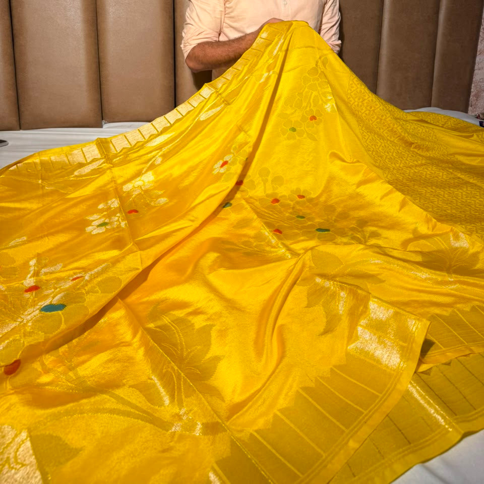 Bright Yellow Meenakari Chinia Silk Banarasi Saree