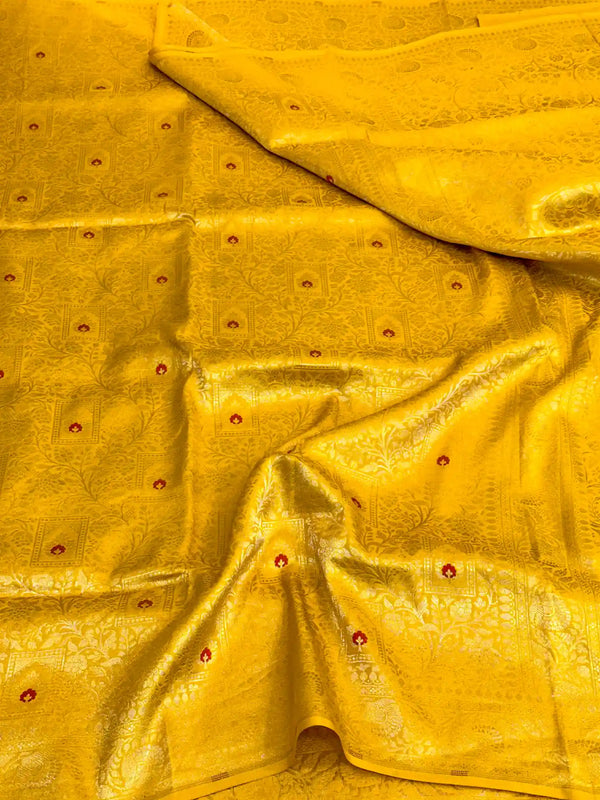 Bright Yellow Pure Katan Silk Alfi Banarasi Saree