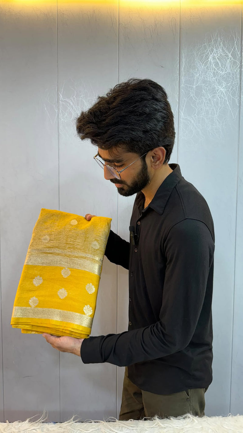 Bright Yellow Shade Crushed Tissue Silk Banarasi Saree