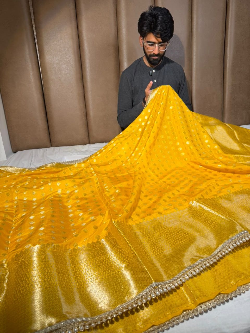 Bright Yellow Soft Chinia Silk Lace Work Saree