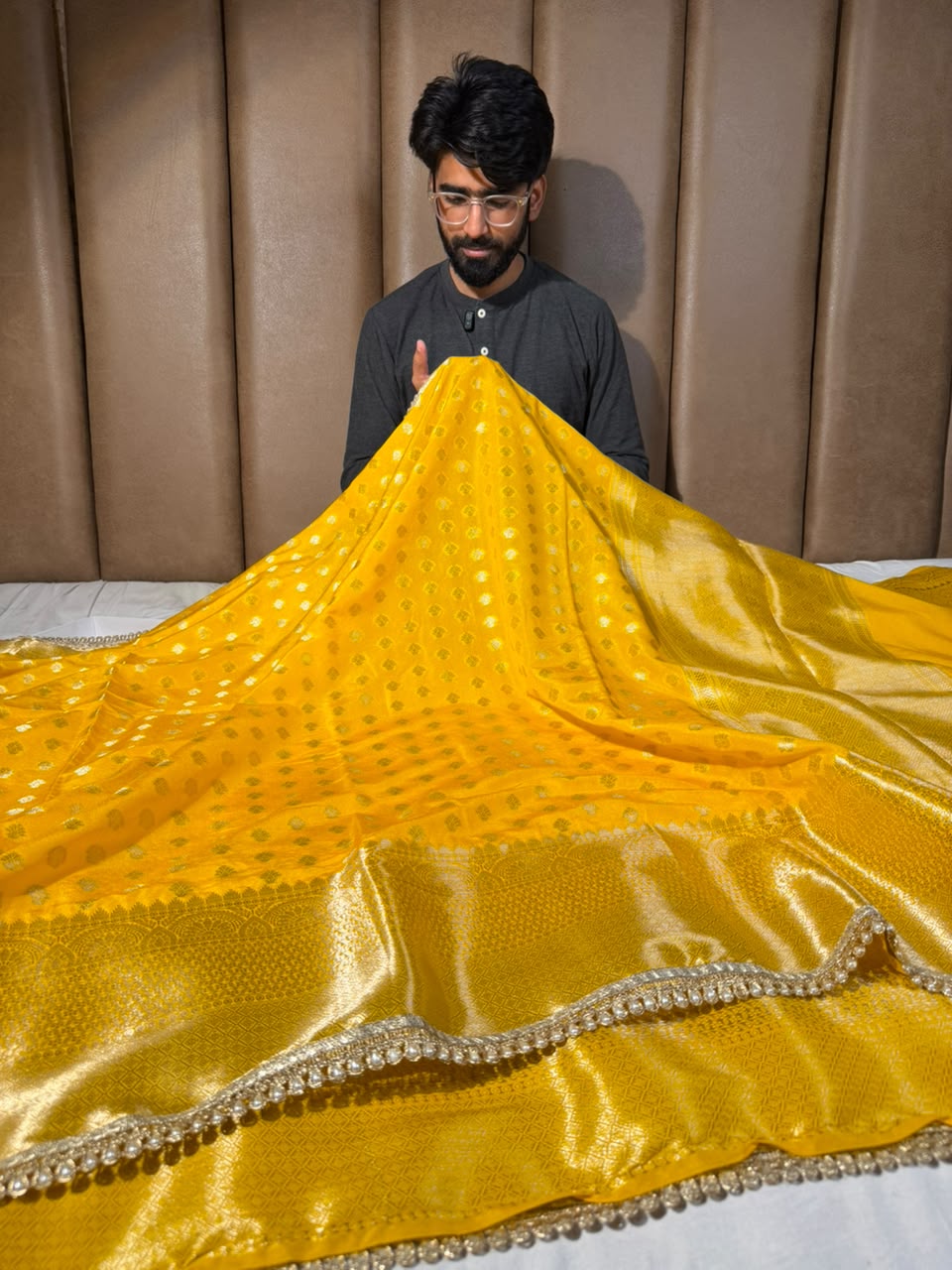 Bright Yellow Soft Chinia Silk Lace Work Saree