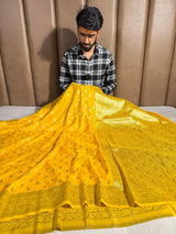 Bright Yellow Soft Katan Silk Zari Buti Banarasi Saree