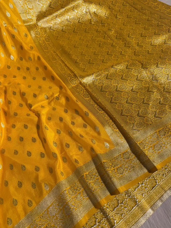 Bright Yellow Soft Katan Silk Zari Buti Banarasi Saree