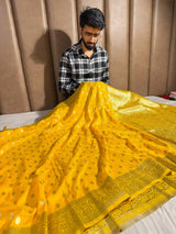 Bright Yellow Soft Katan Silk Zari Buti Banarasi Saree