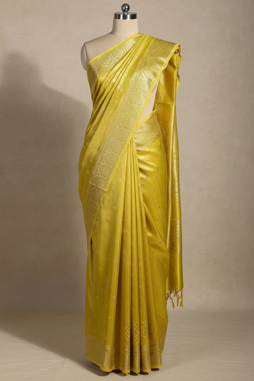 Bright Yellow Soft Luxurious Tissue Silk Saree with Rich Pallu and Blouse