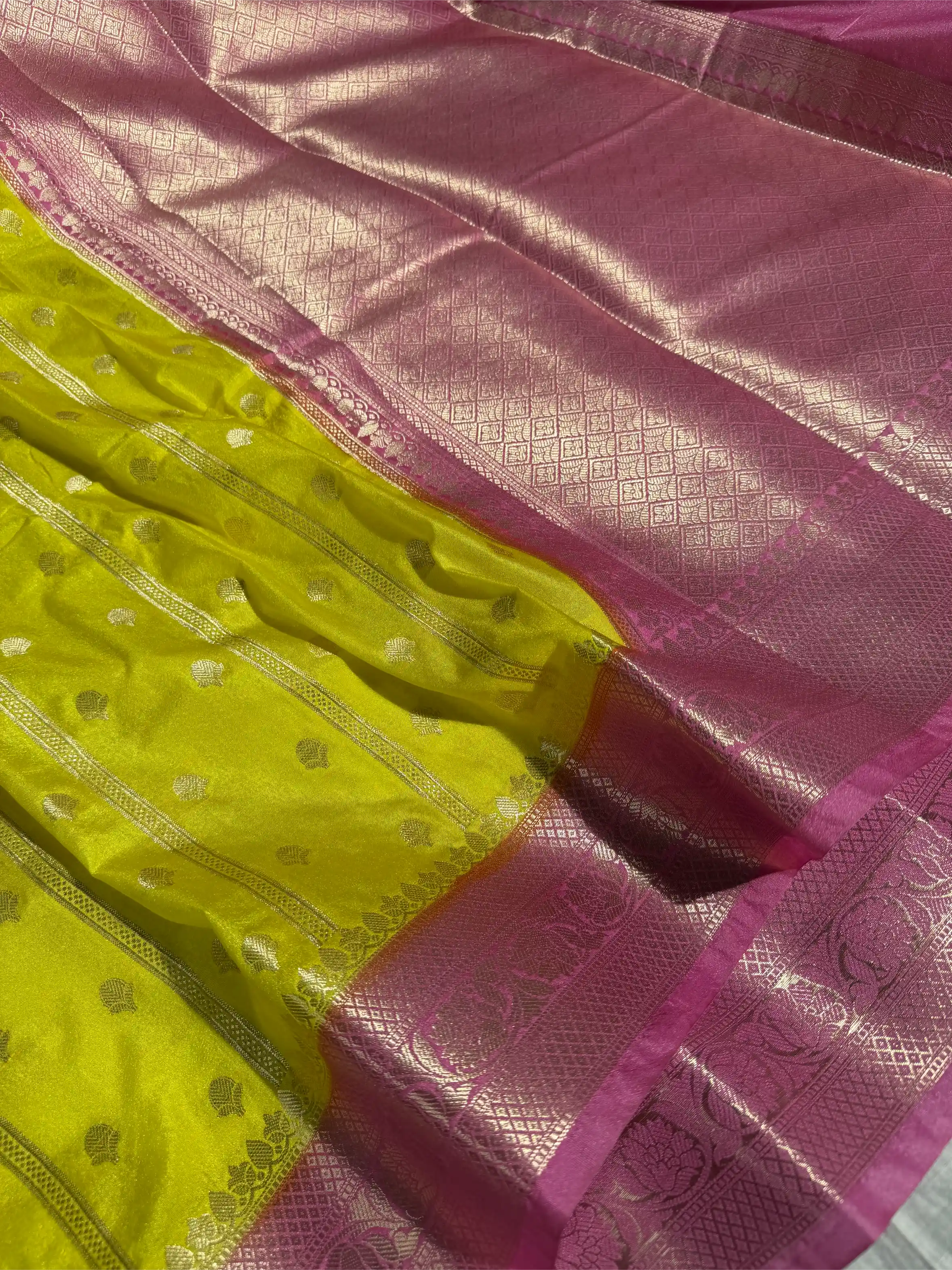 Bright Yellow with Contrast Rani Borders Chinia Silk Banarasi Saree