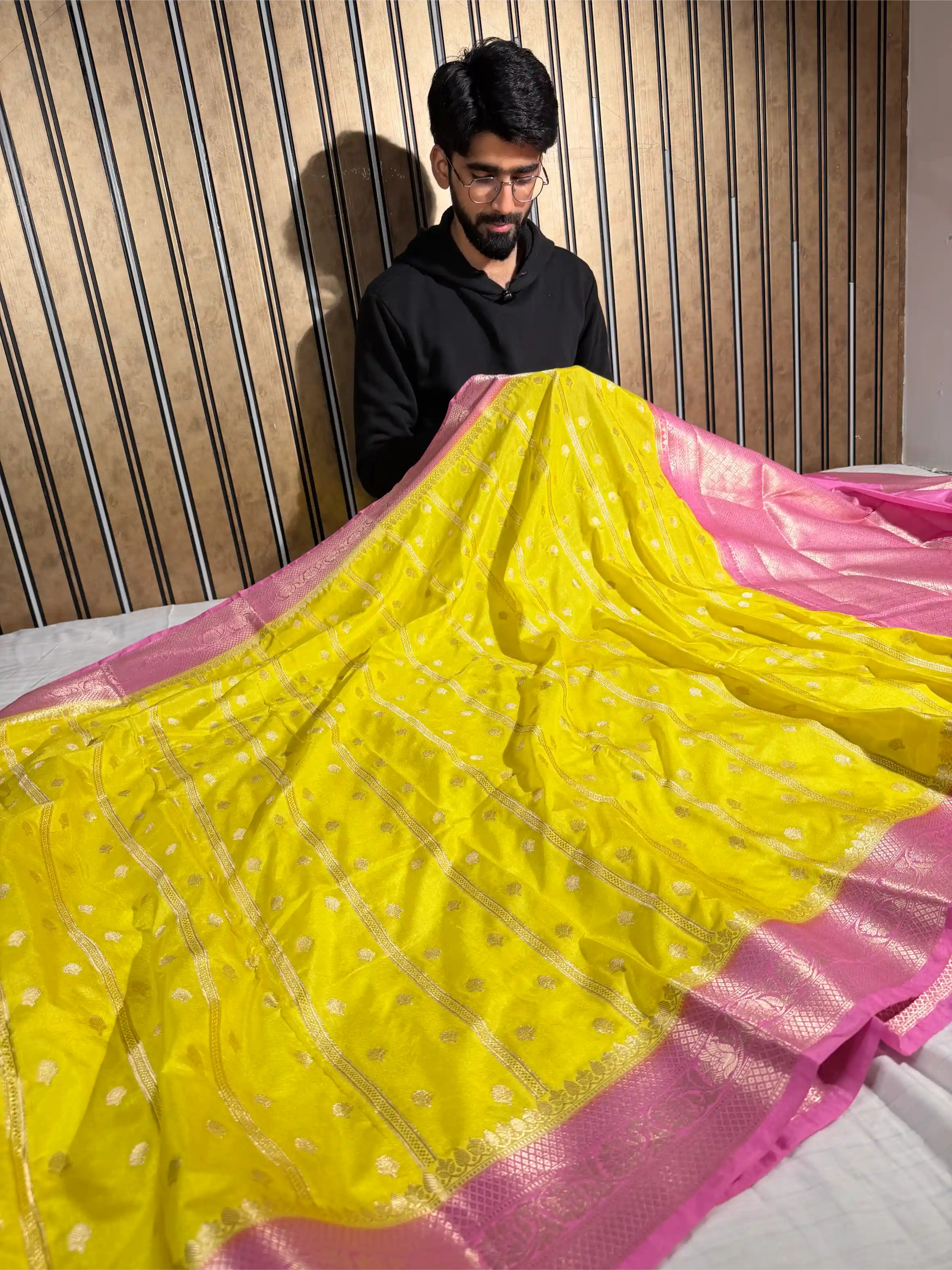 Bright Yellow with Contrast Rani Borders Chinia Silk Banarasi Saree