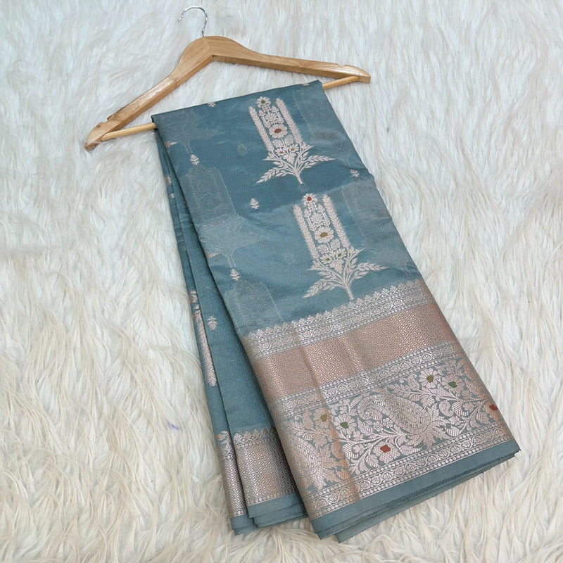 Bright Grey Chinia Silk Banarasi Saree