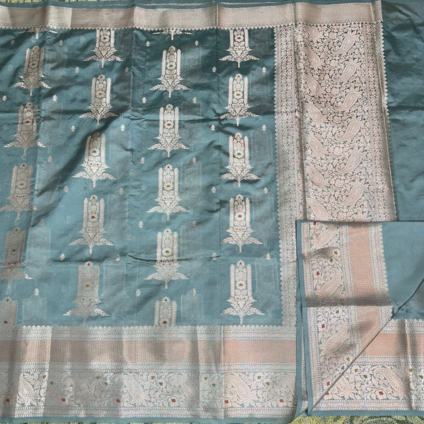 Bright Grey Chinia Silk Banarasi Saree