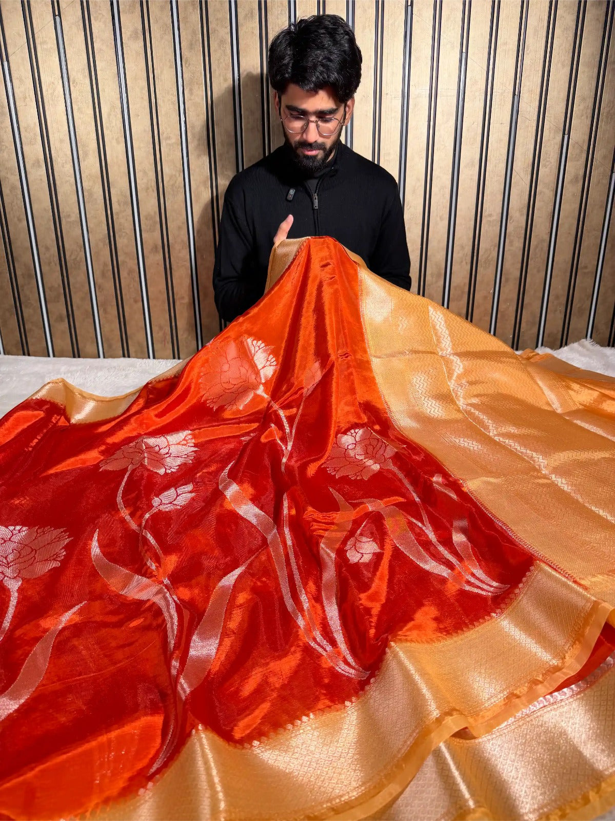 Bright Orange Chinia Silk Heritage Weave Banarasi Saree