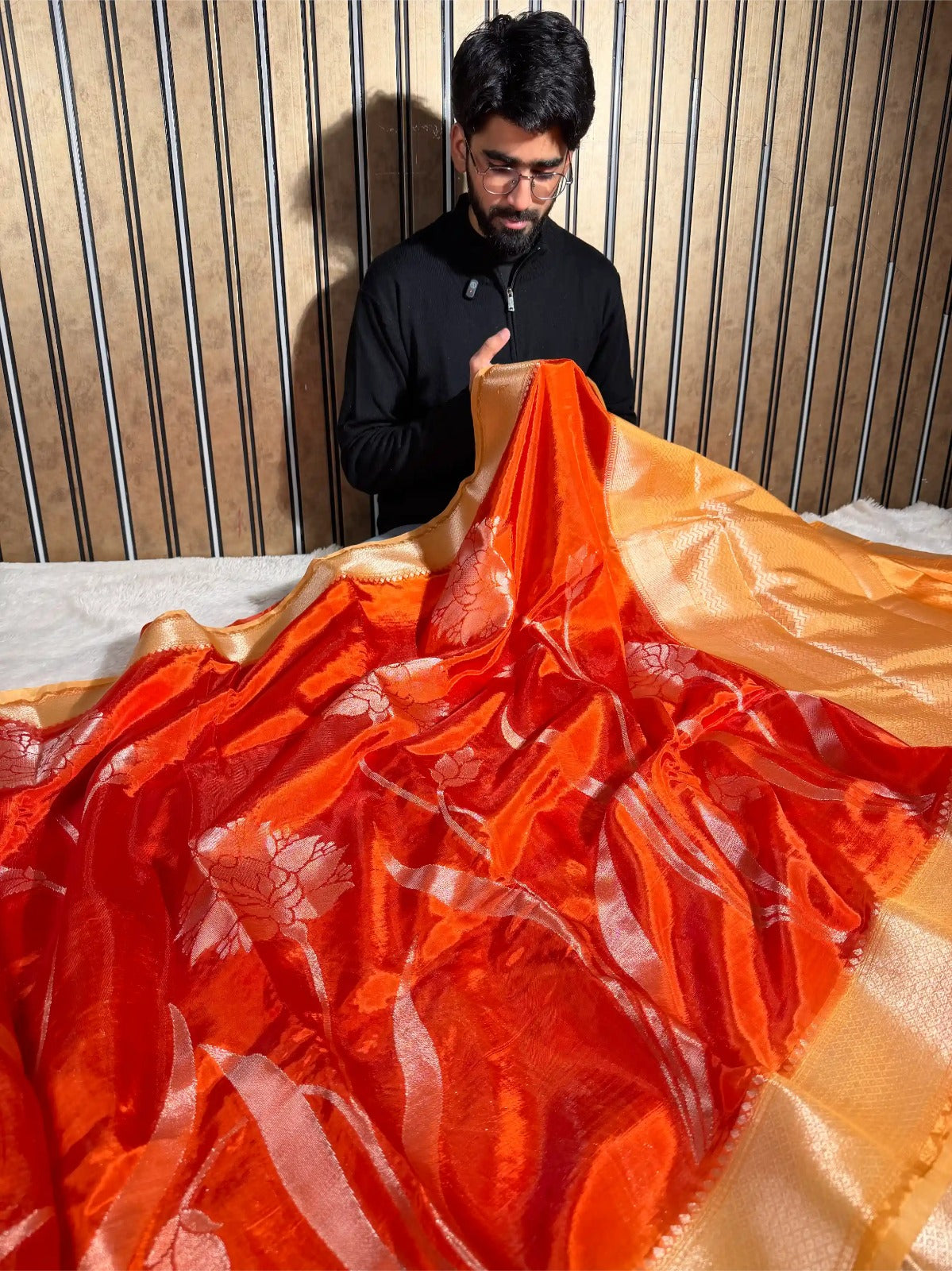 Bright Orange Chinia Silk Heritage Weave Banarasi Saree