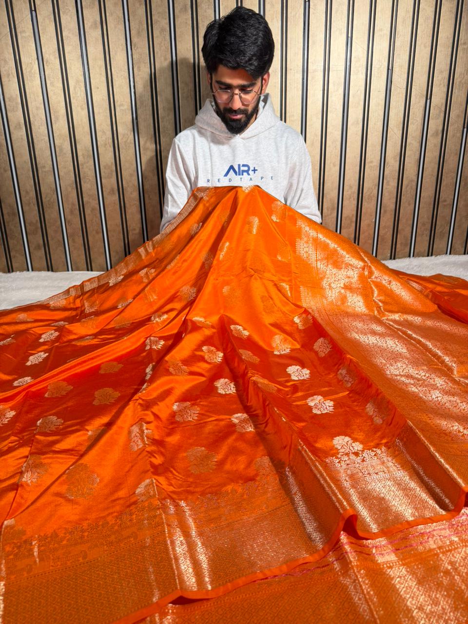 Bright Orange Viscose Chinia Silk Traditional Weave Banarasi Saree