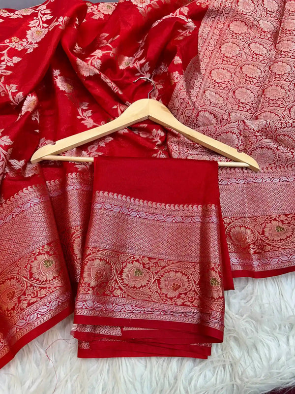 Bright Red Chinia Silk Banarasi Saree