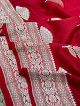 Bright Red Flower Motifs Munga Silk Saree