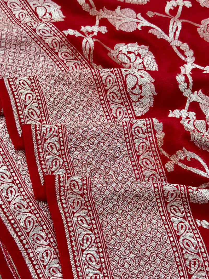 Bright Red Jaal Munga Silk Banarasi Saree