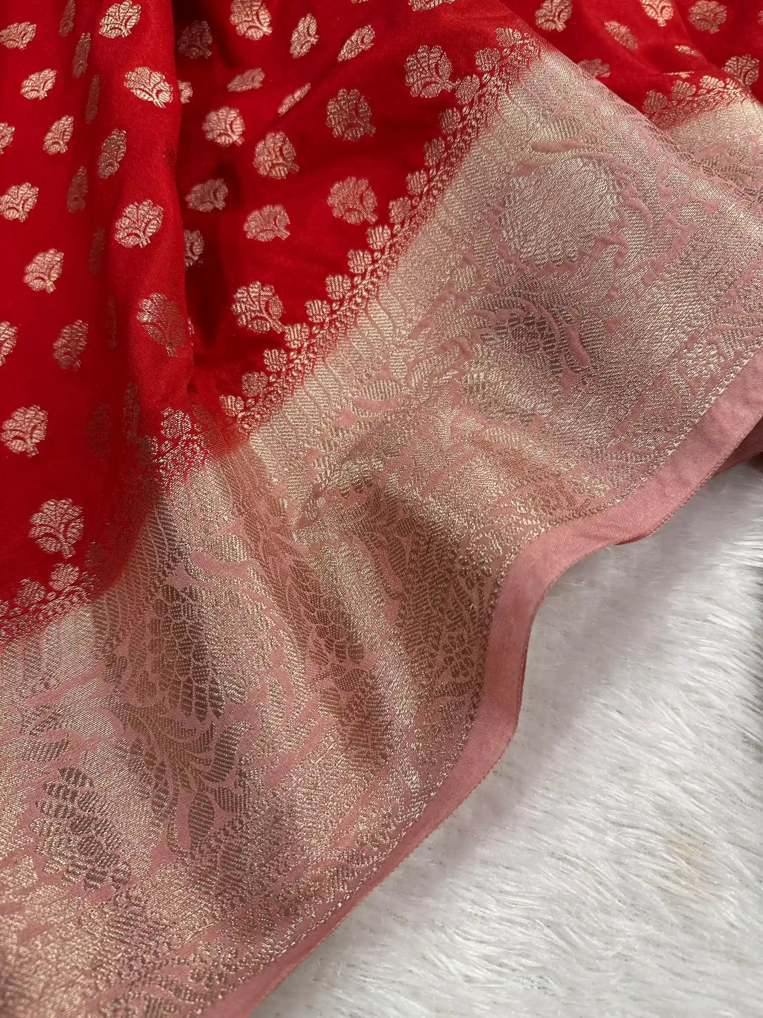 Bright Red Khaddi Buti Chinia Silk Banarasi Saree