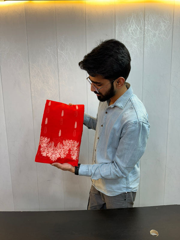 Bright Red Kora Silk Handloom Concept Weaving Banarasi Saree