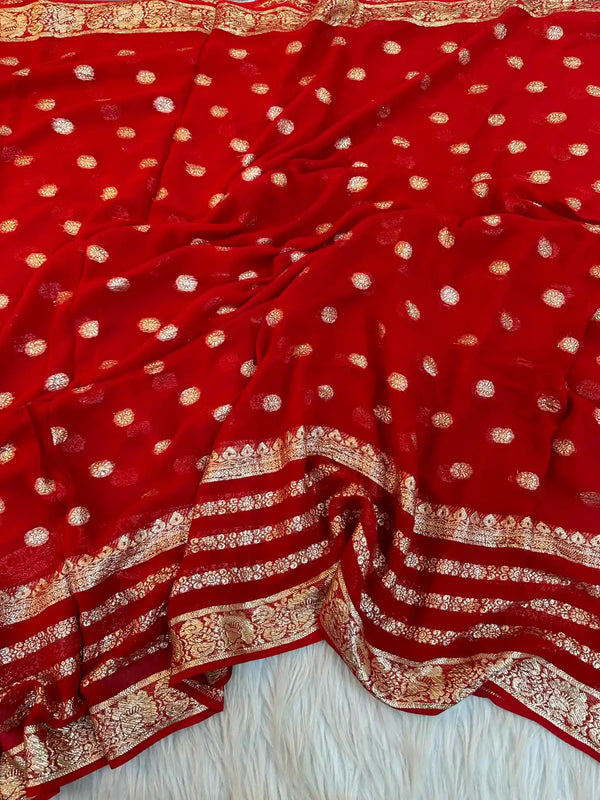 Bright Red Pure Viscose Georgette Saree in Khaddi Buti Weave