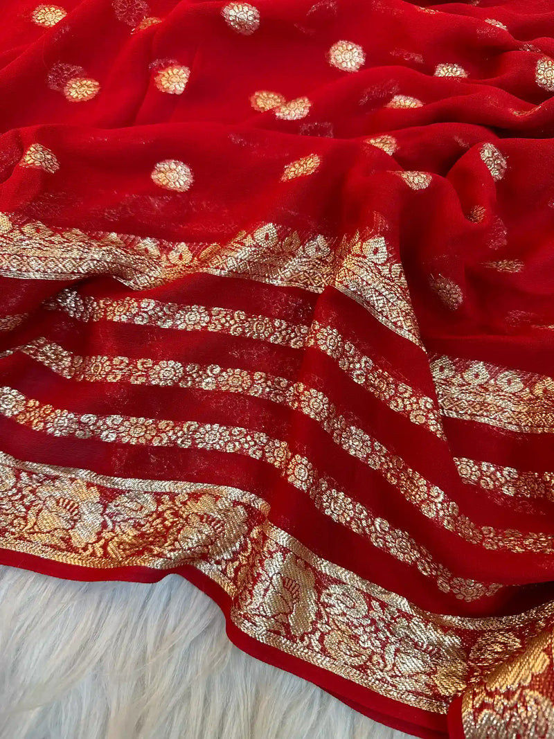 Bright Red Pure Viscose Georgette Saree in Khaddi Buti Weave