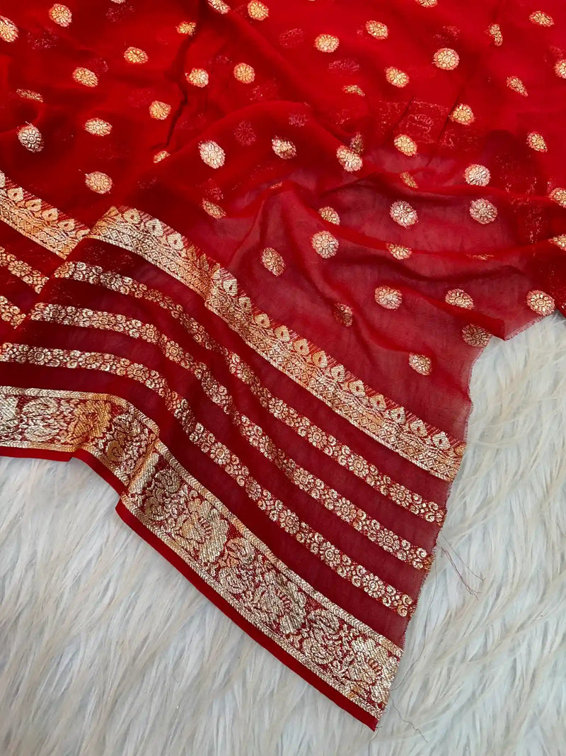 Bright Red Pure Viscose Georgette Saree in Khaddi Buti Weave