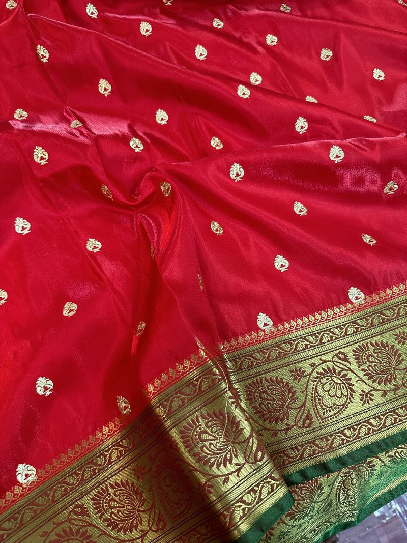 Bright Red Satin Silk Embroidered Saree