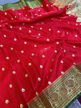 Bright Red Satin Silk Embroidered Saree