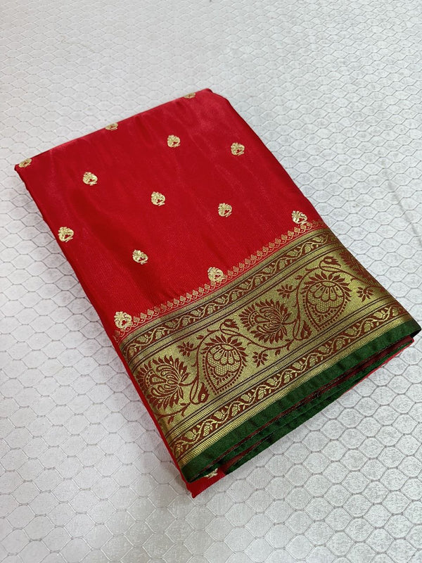 Bright Red Satin Silk Embroidered Saree