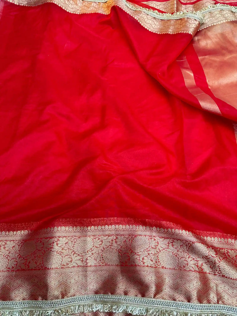 Bright Red Shade Organza Silk Designer Saree