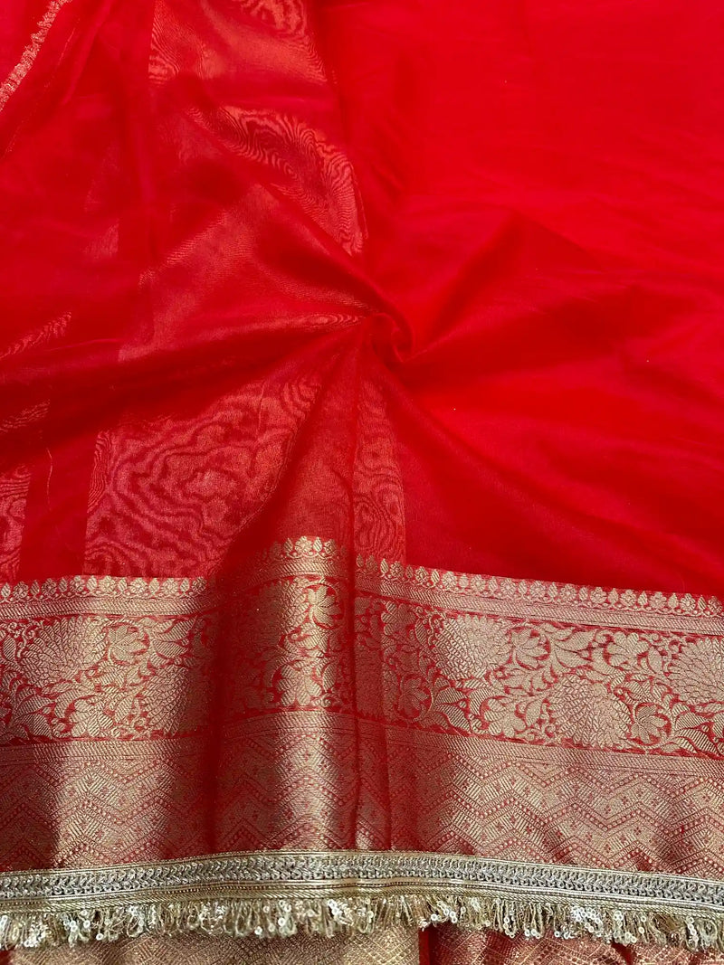 Bright Red Shade Organza Silk Designer Saree