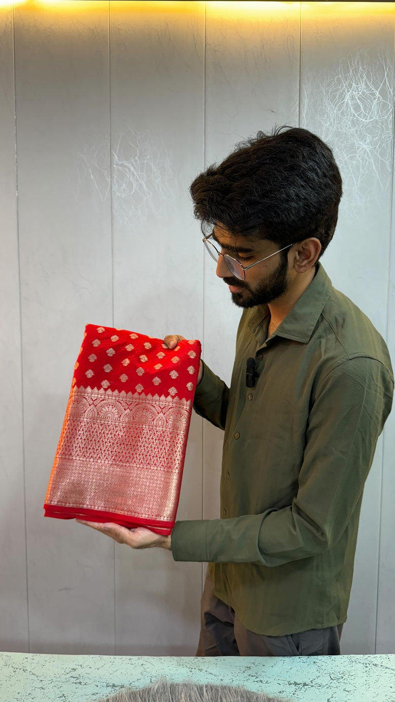 Bright Red Warm Silk Zari Buti Weave Banarasi Saree
