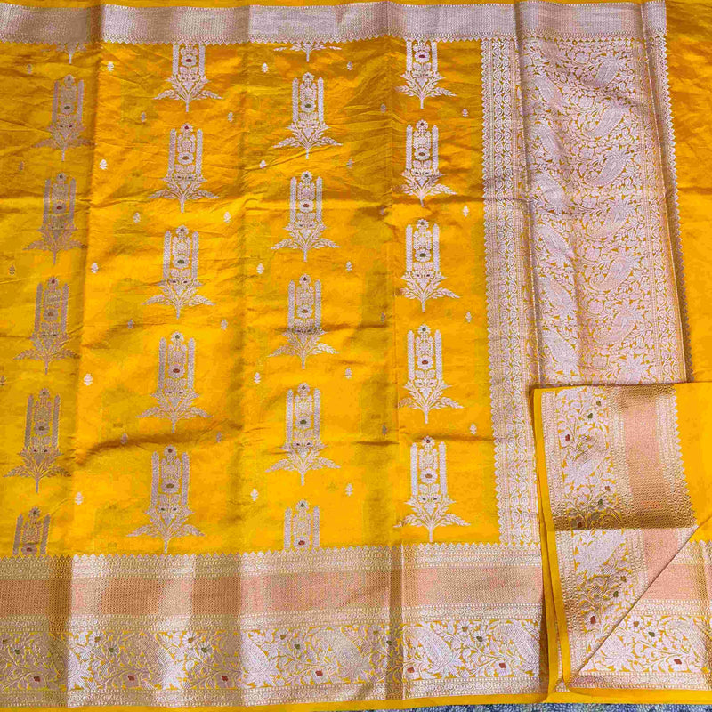 Bright Yellow Chinia Silk Banarasi Saree