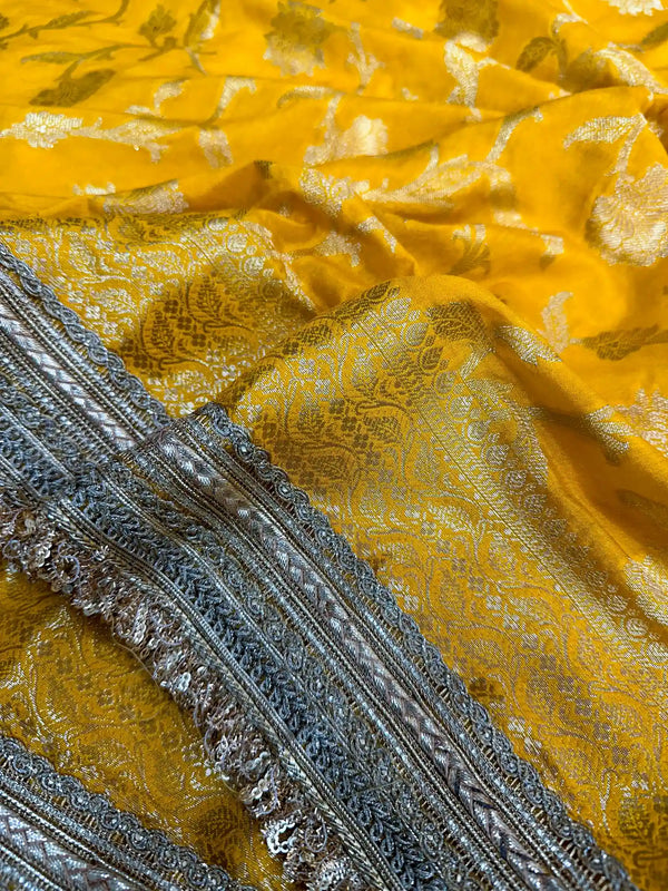 Bright Yellow Crepe Georgette Floral Banarasi Saree