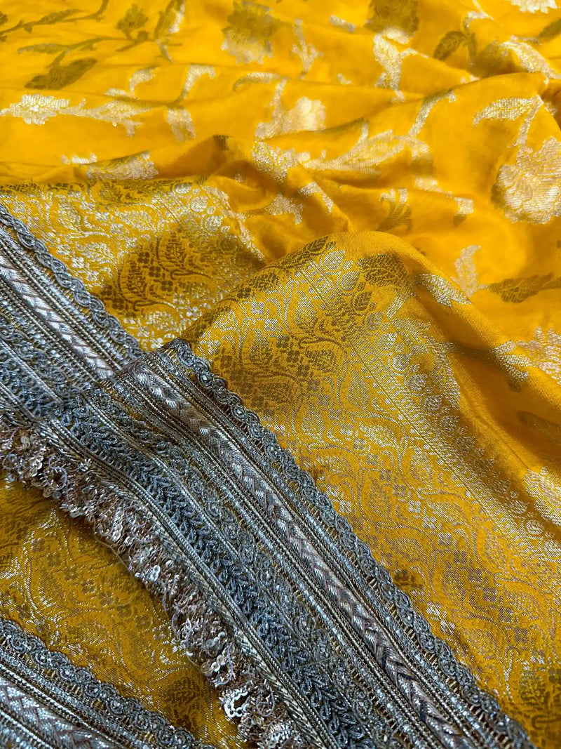 Bright Yellow Crepe Georgette Floral Banarasi Saree