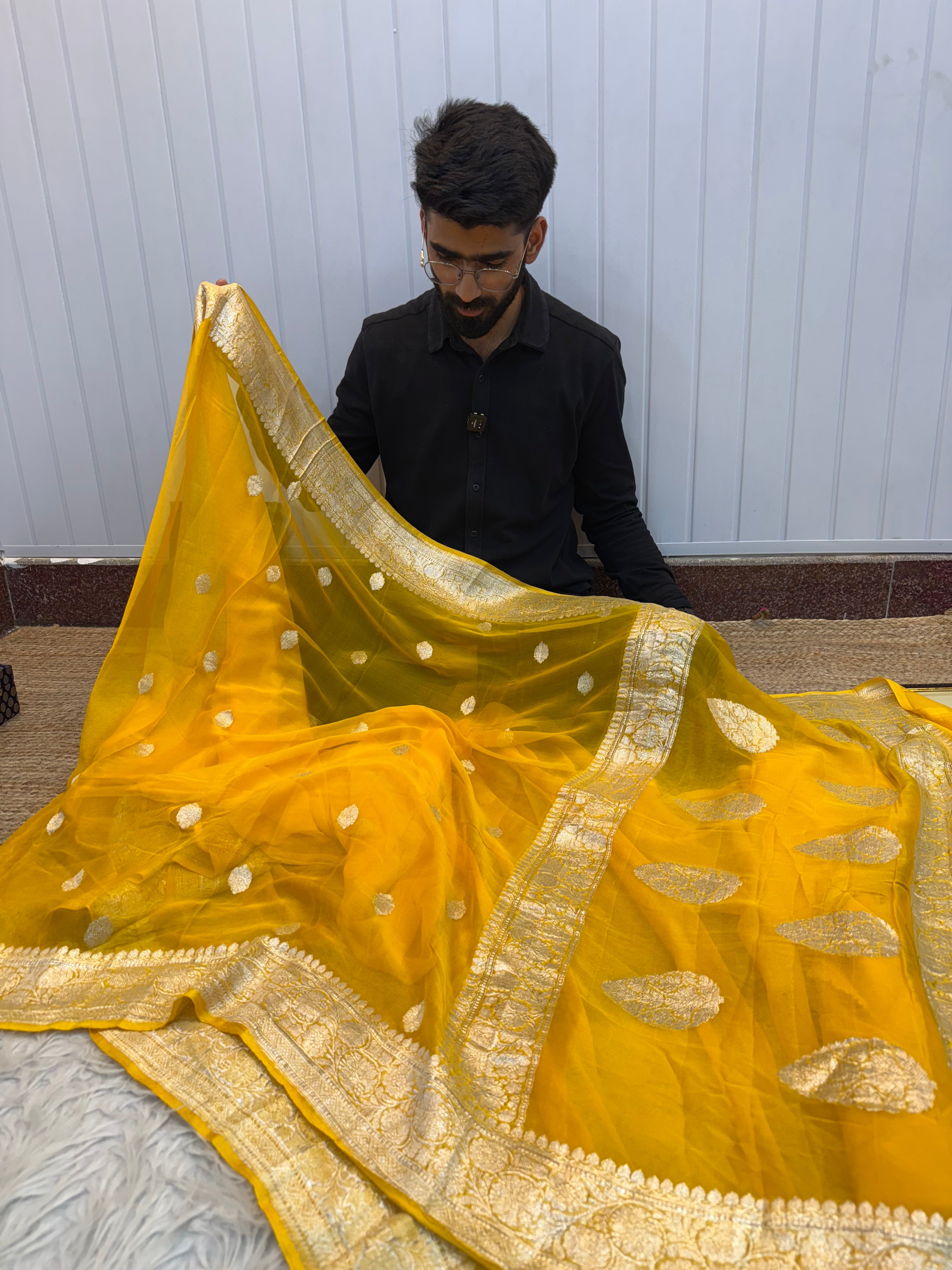 Bright Yellow Khaddi Chiffon Saree
