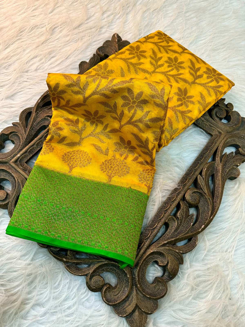 Bright Yellow Semi Dupion Silk Banarasi