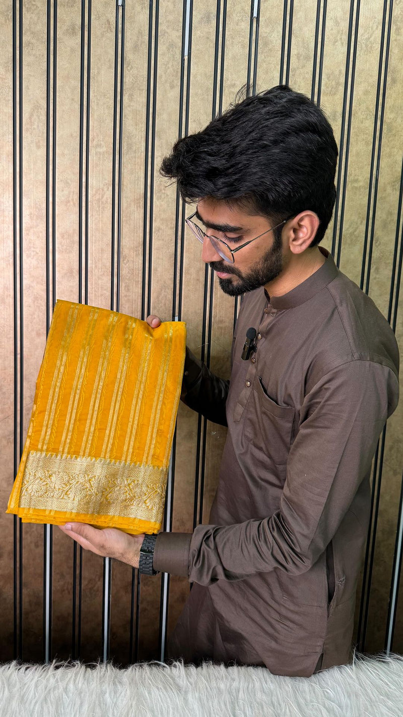 Bright Yellow Shade Traditional Kora Organza Banarasi Saree with Traditional Zari Stripes Pattern with Jacquard Borders