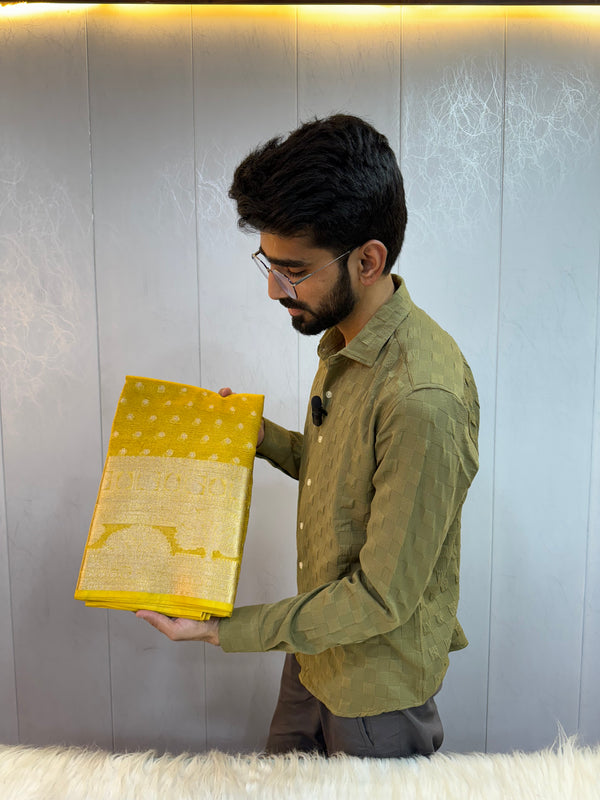 Bright Yellow Tissue Silk Aada And Buti Weave Saree