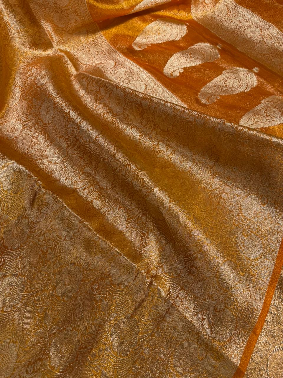 Bright orange pink brocade tissue silk Banarasi Saree