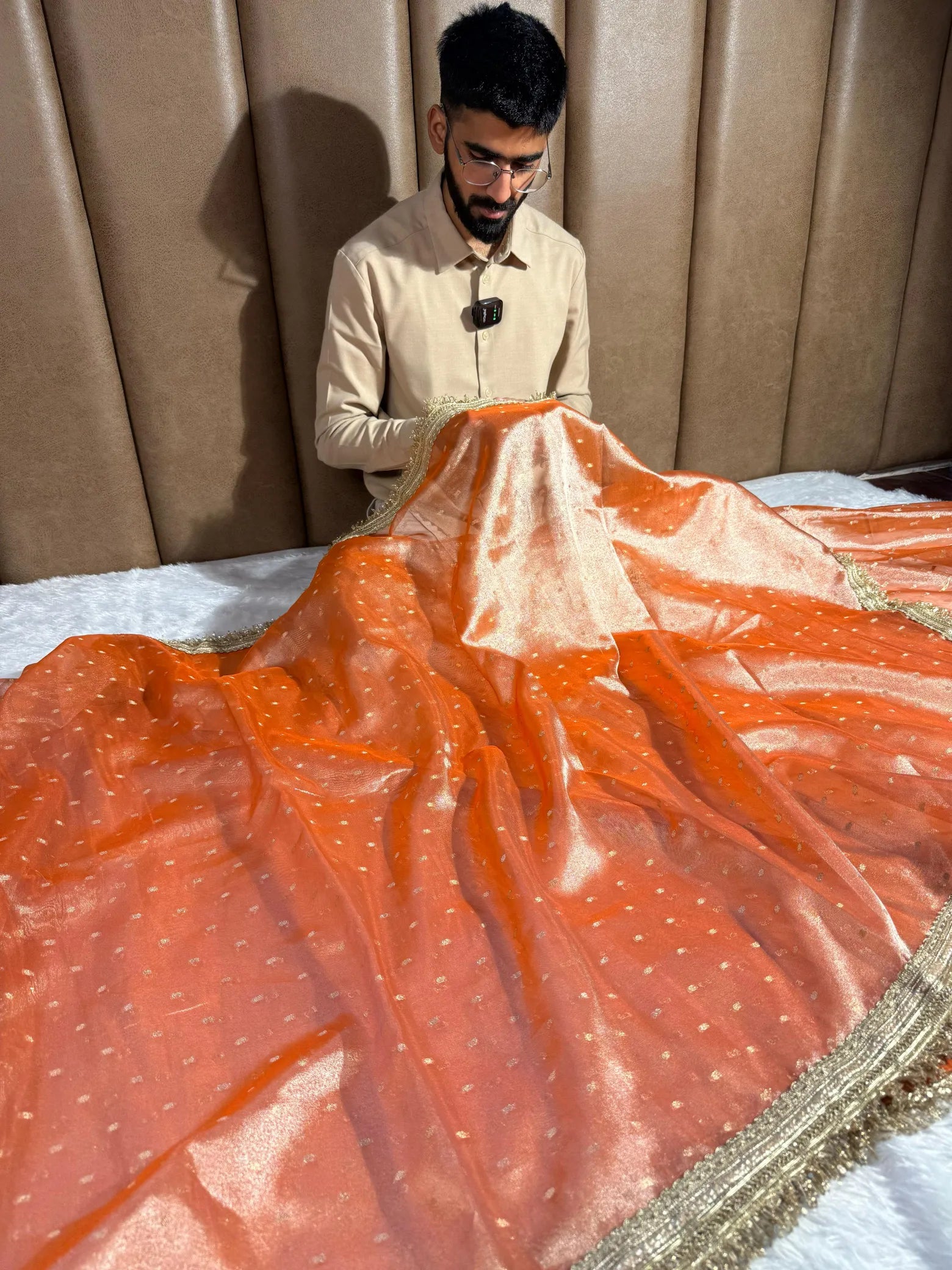 Bright orange soft tissue silk designer Banarasi saree
