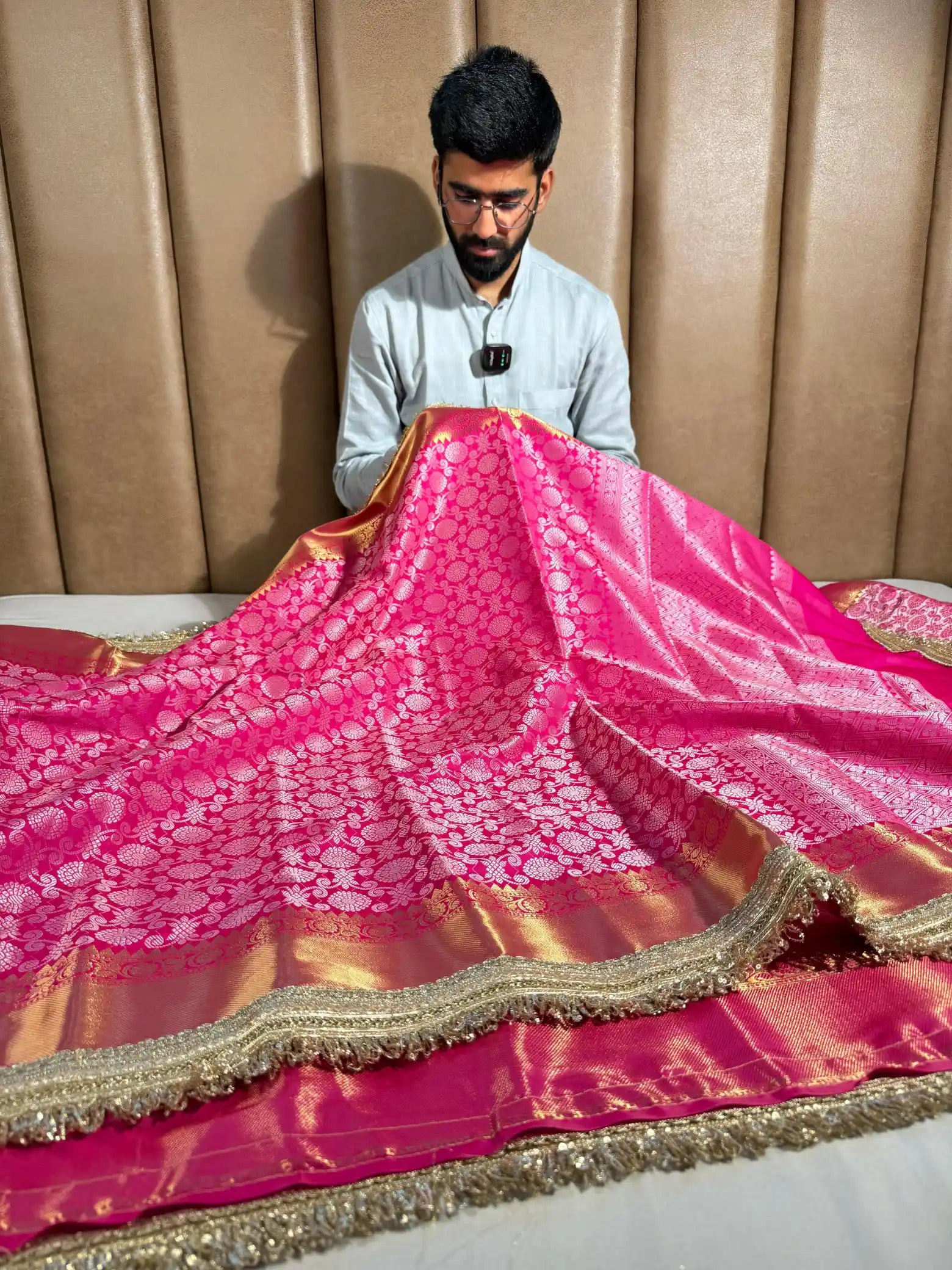 Bright pink Kanchipuram Softsilk designer saree