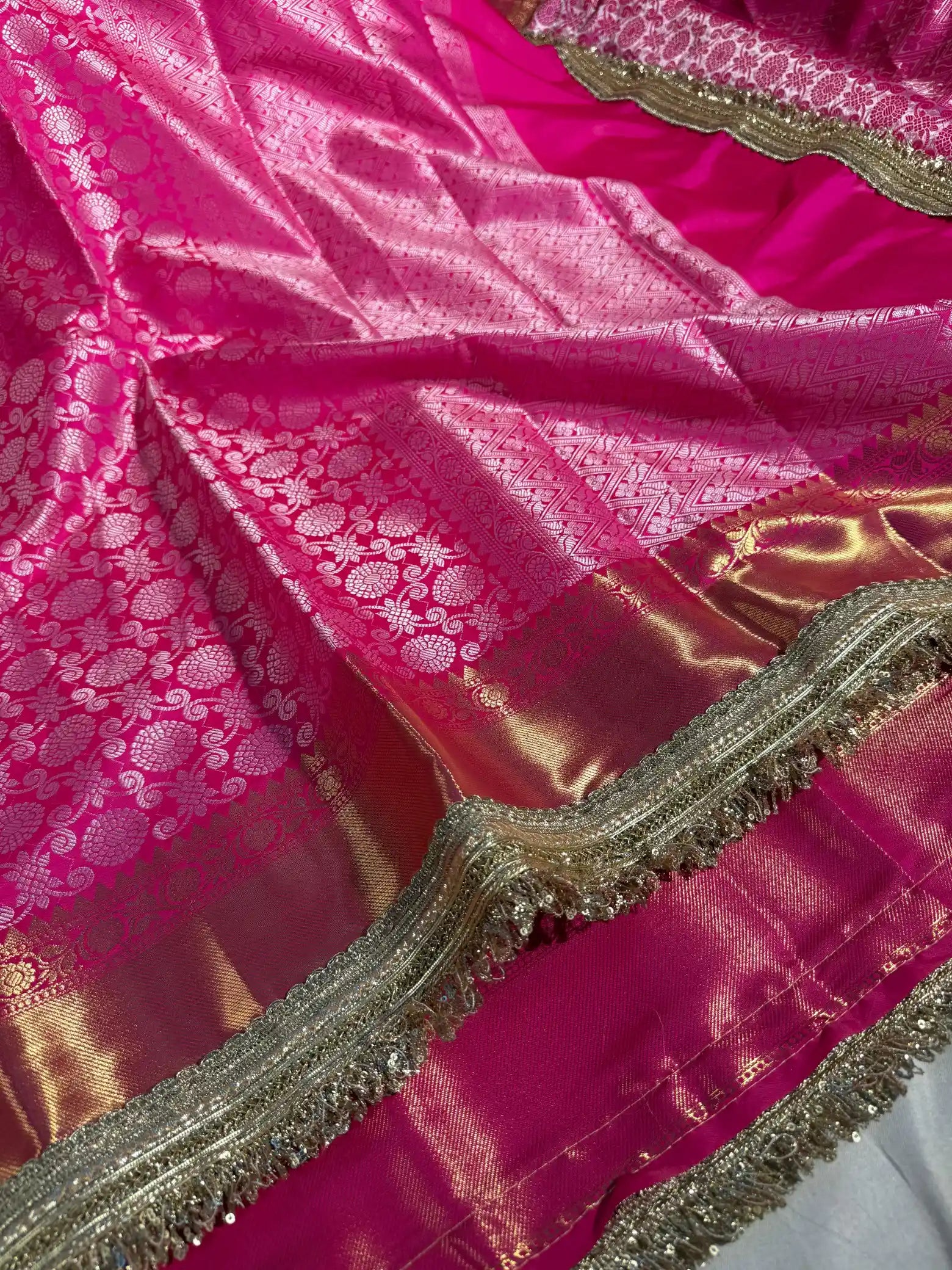 Bright pink Kanchipuram Softsilk designer saree