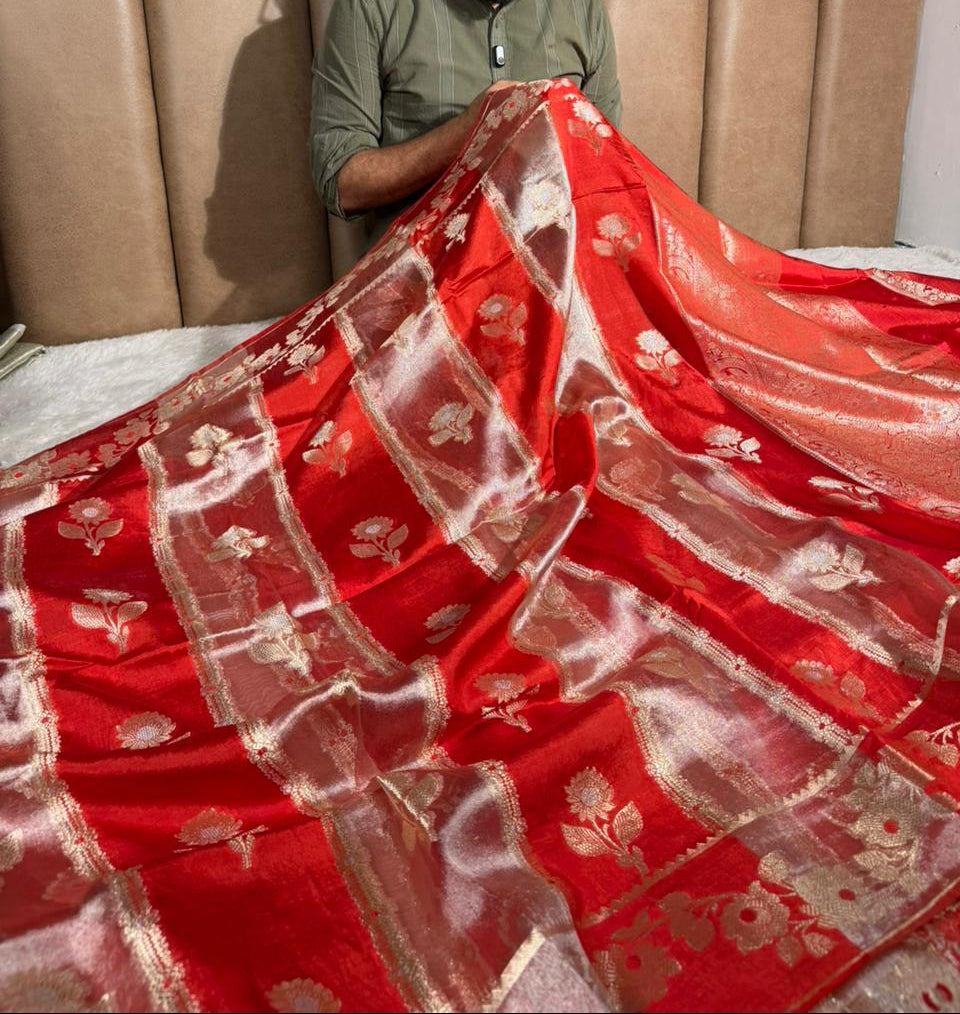 Bright red rangkat chinia tissue saree