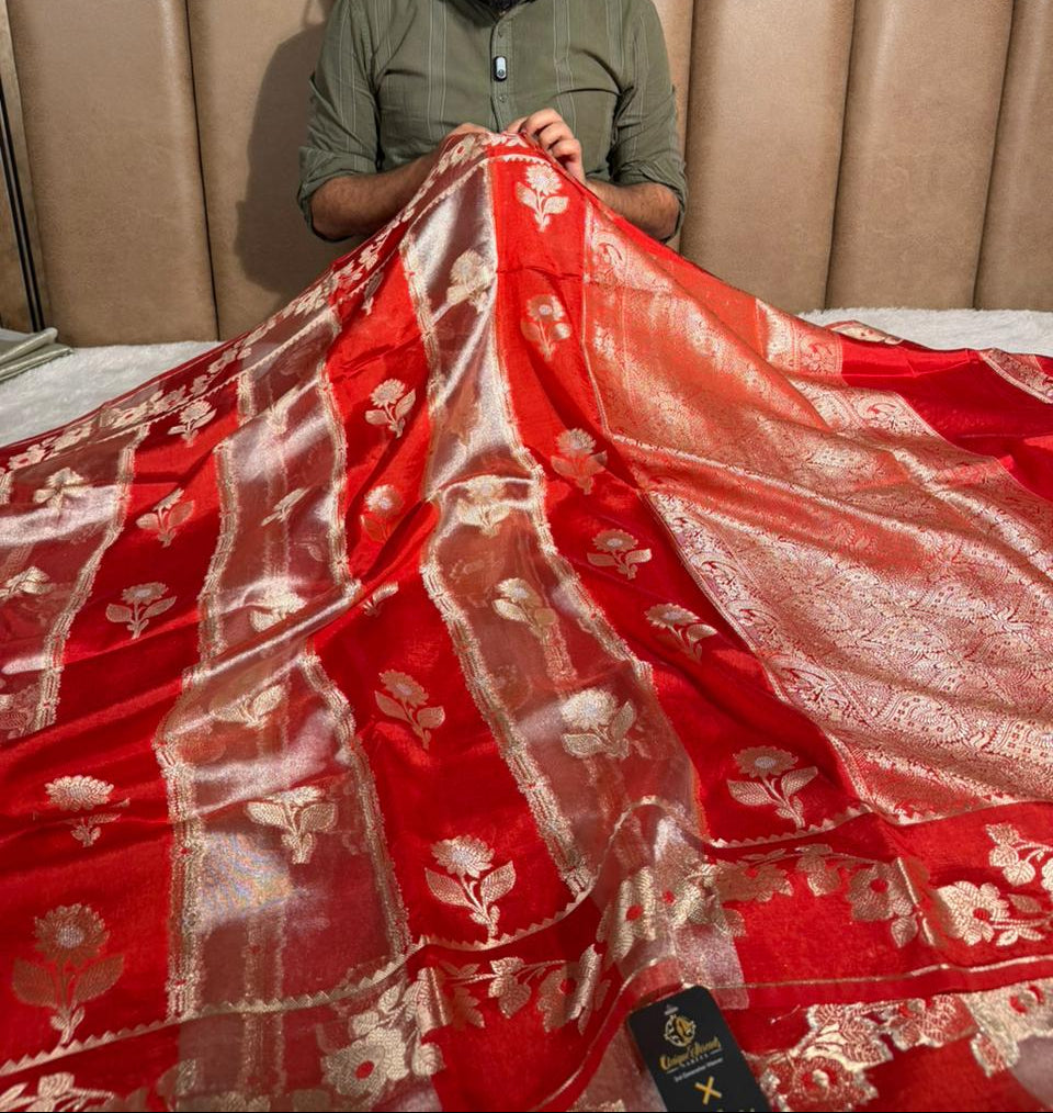 Bright red rangkat chinia tissue saree