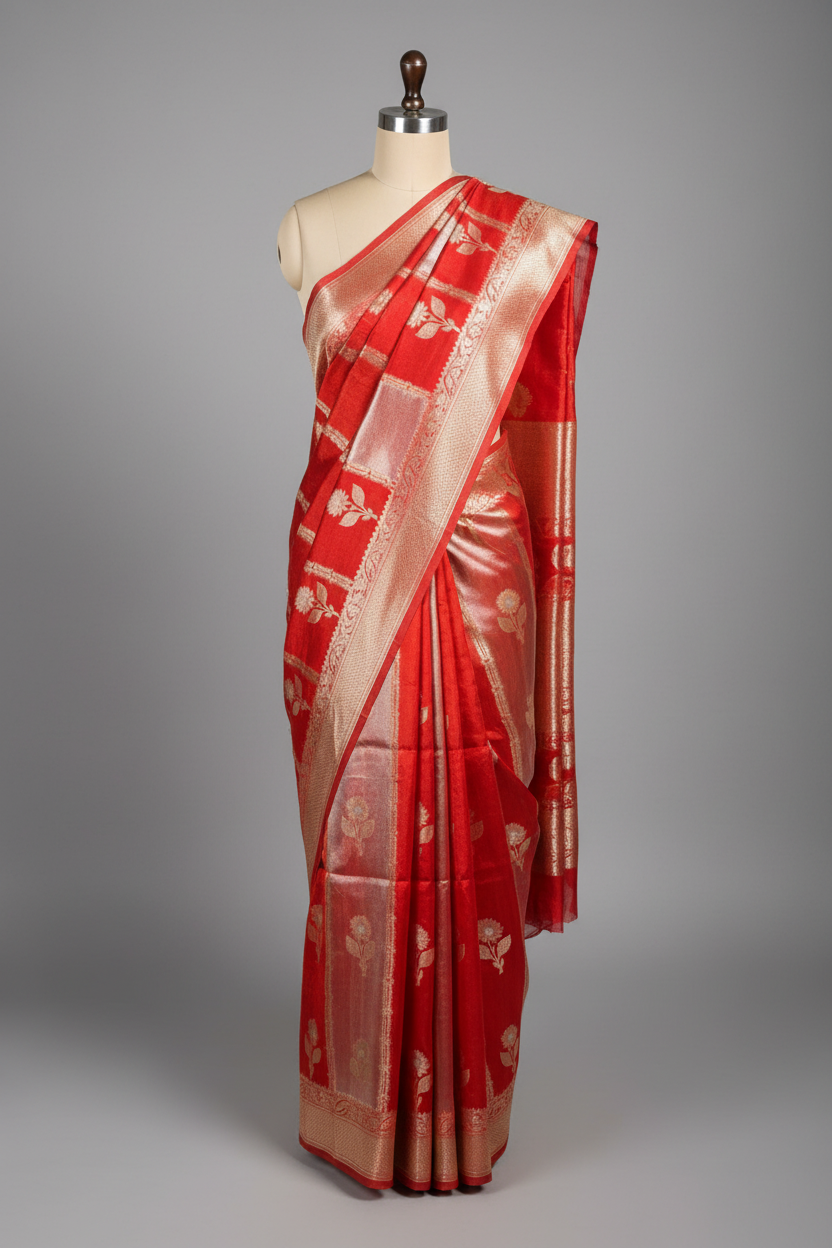 Bright red rangkat chinia tissue saree