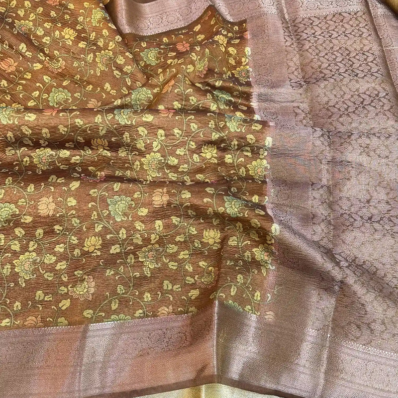 Brown Crush Tissue Kalamkari Saree