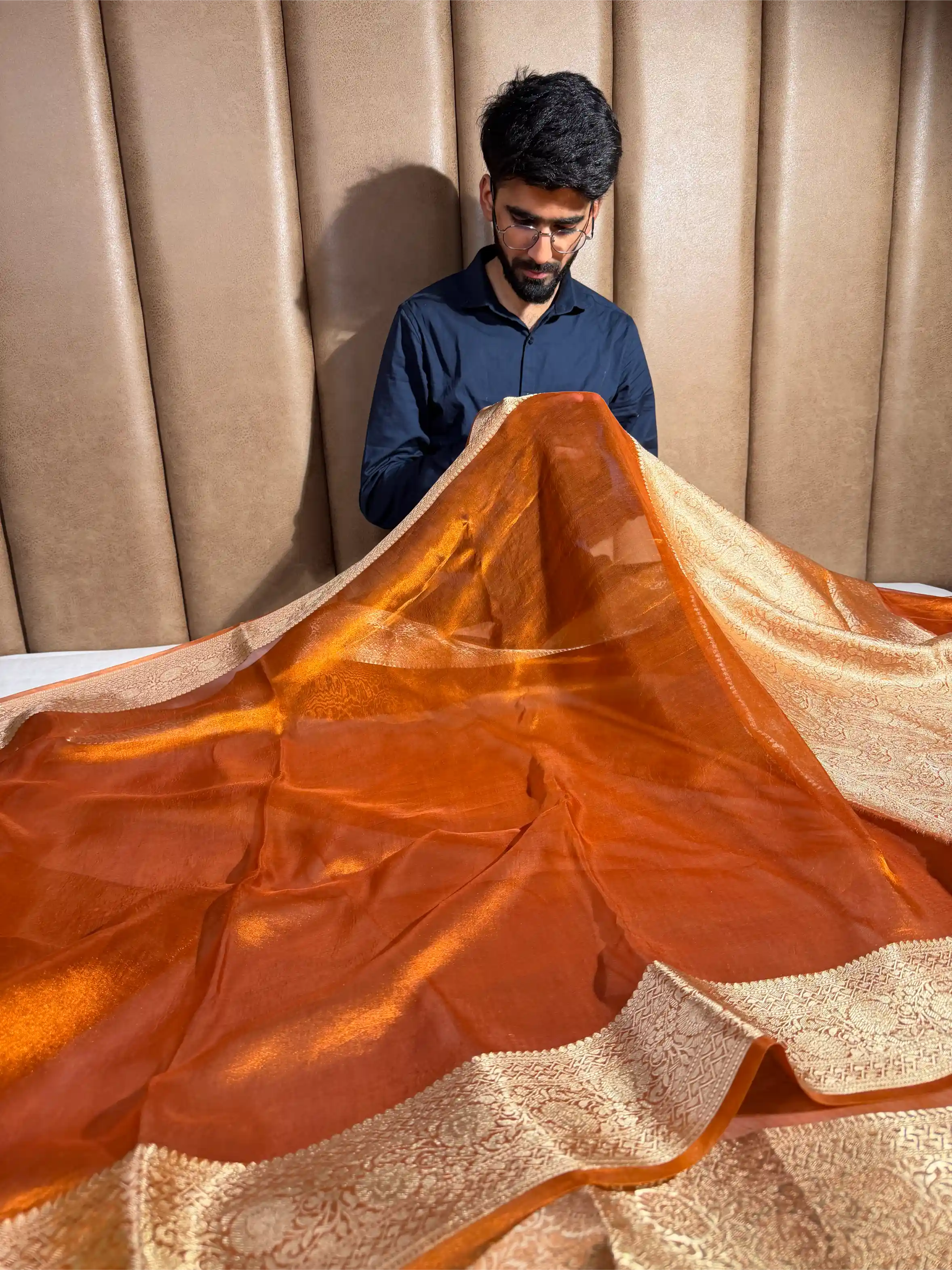Burnt Orange Pure Tissue Silk Banarasi Saree