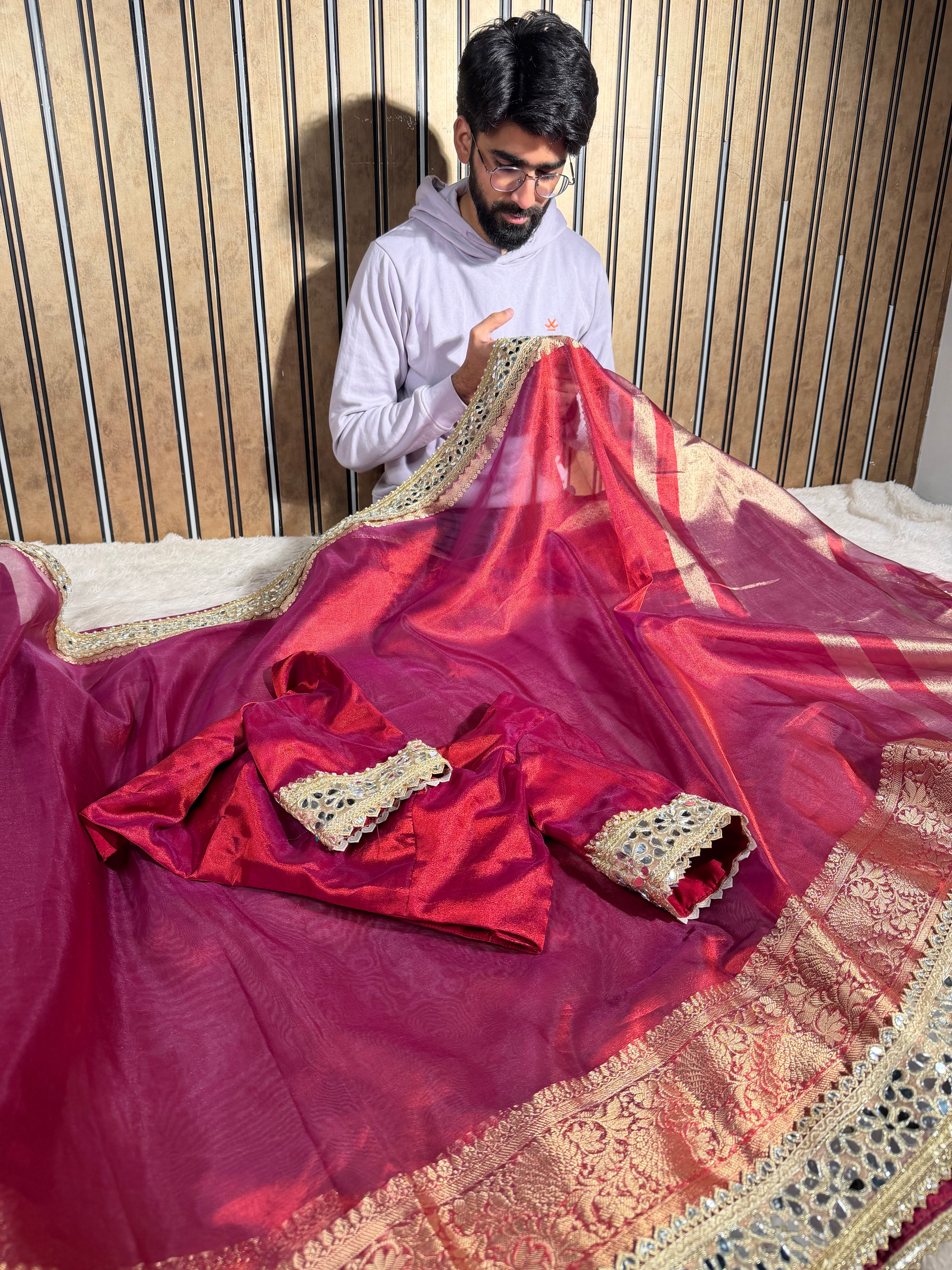 Metallic Red Bridal Tissue Mirror Work Saree